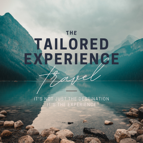 Travel company logo featuring 'The Tailored Experience' over a misty mountain lake scene with the tagline 'It's not just the destination, it's the experience'